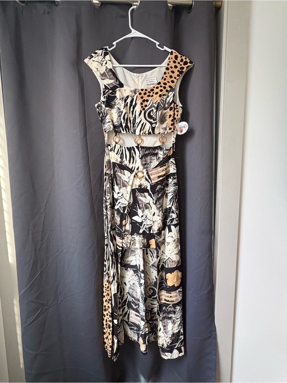 Joseph Ribkoff Abstract Animal Print high low Dress with Gold Ring Accents - Picture 1 of 8